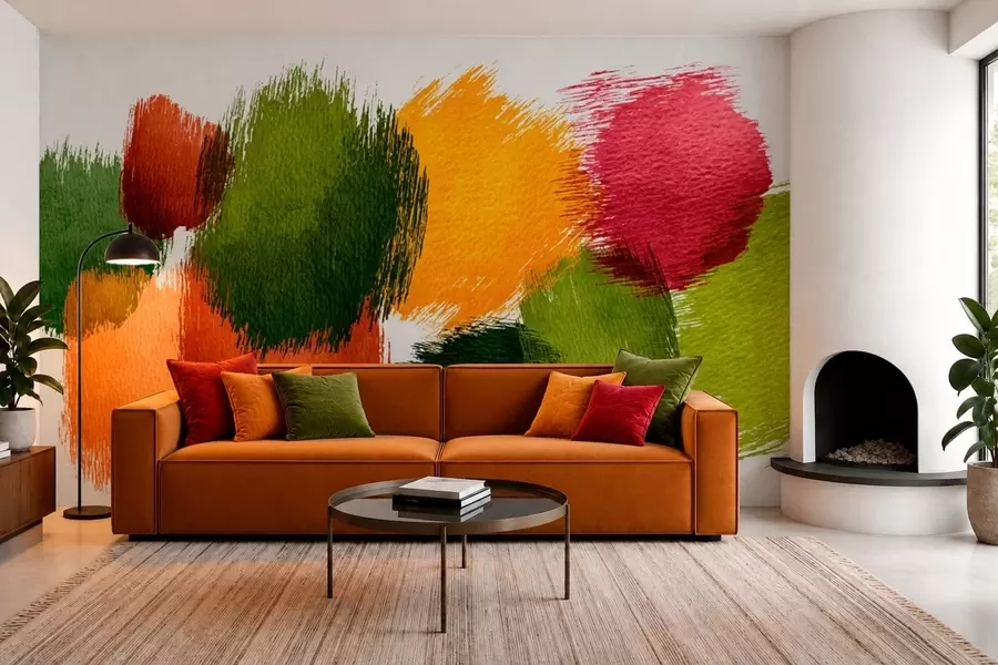 Fotobehang Abstracte penseelstreken in groen, oranje en roze w05859