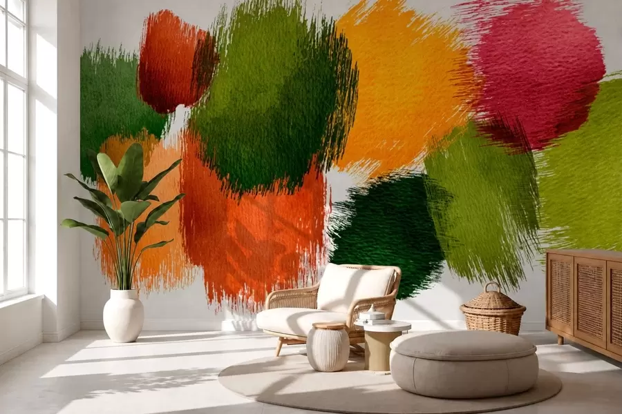 Fotobehang Abstracte penseelstreken in groen, oranje en roze w05859