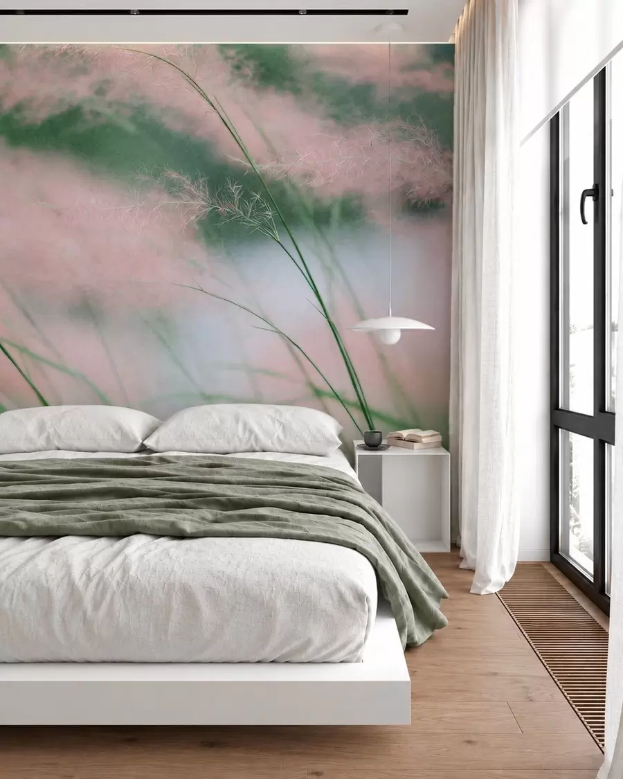 Fotobehang Delicate roze grassen tegen een zachtgroene achtergrond w05886