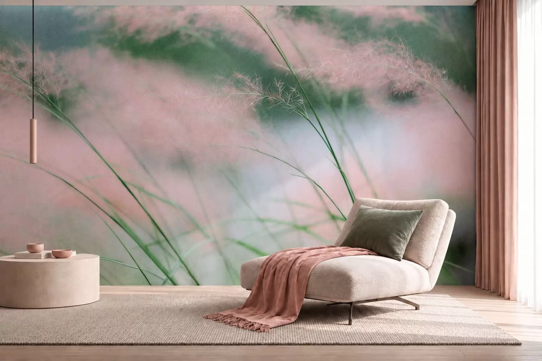 Fotobehang Delicate roze grassen tegen een zachtgroene achtergrond w05886