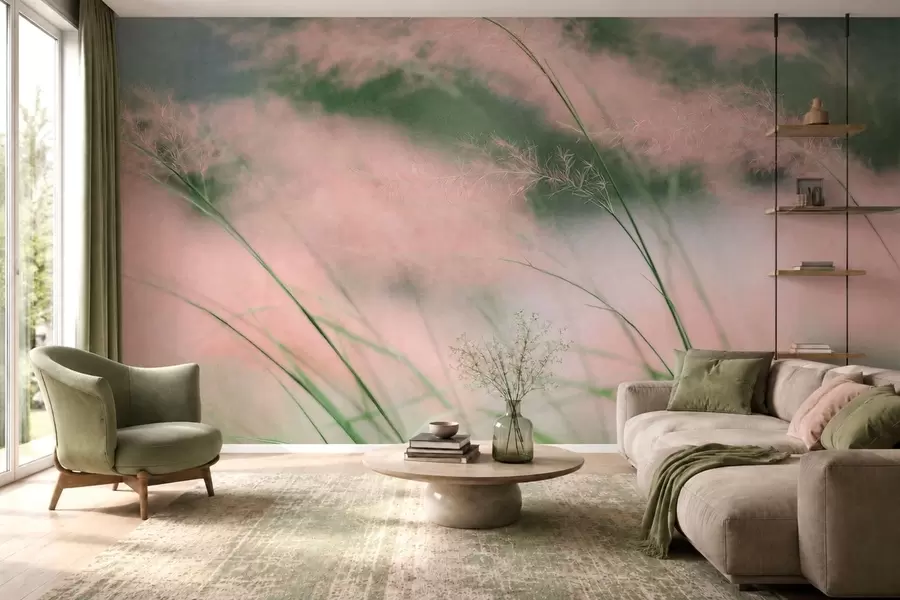 Fotobehang Delicate roze grassen tegen een zachtgroene achtergrond w05886v1