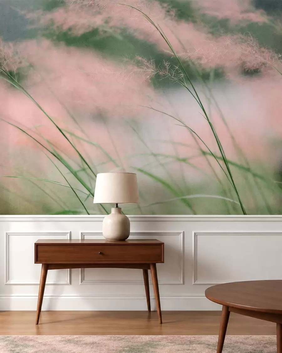 Fotobehang Delicate roze grassen tegen een zachtgroene achtergrond w05886v1
