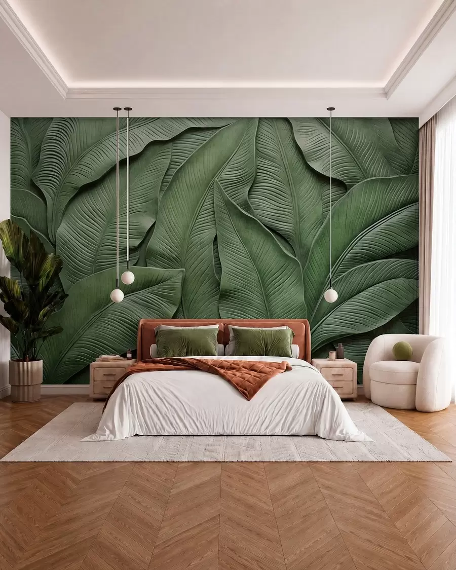 Fotobehang Een dicht patroon van grote groene bladeren w05887