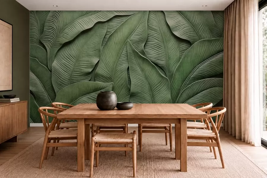 Fotobehang Een dicht patroon van grote groene bladeren w05887