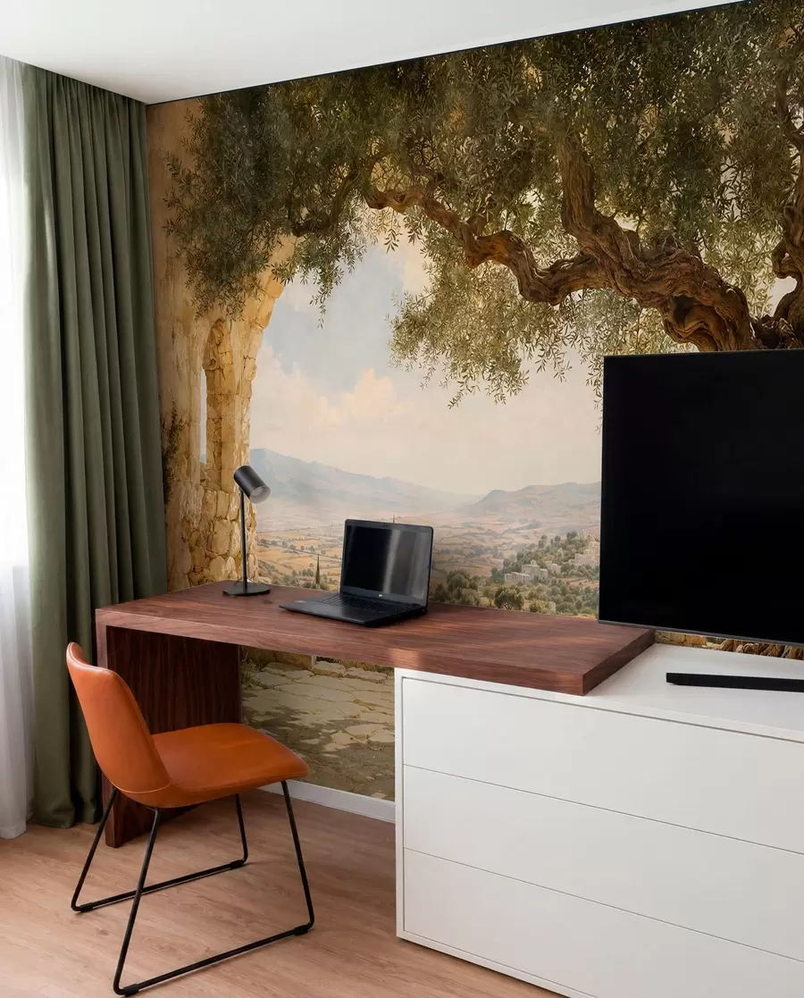 Fotobehang Een eeuwenoude olijfboom te midden van stenen ruïnes en heuvels w05896