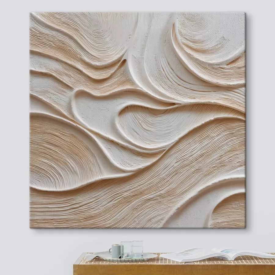 Schilderijen Een ruimtelijke compositie met vloeiende, golvende lijnen in een beige en crèmekleurig kleurenpalet s50005