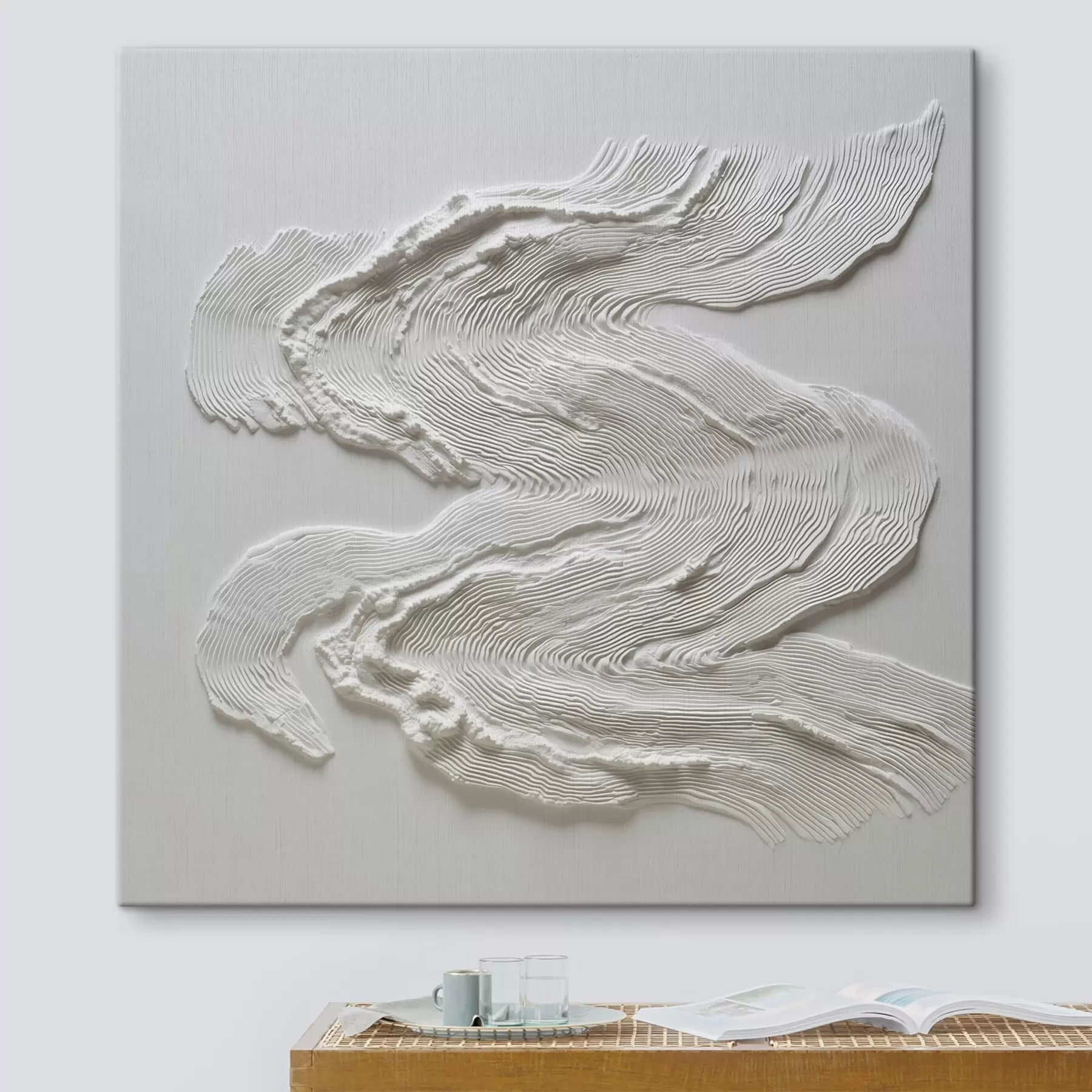  Schilderijen Een ruimtelijke, golvende abstractie met een expressieve lineaire textuur in monochroom wit s50007
