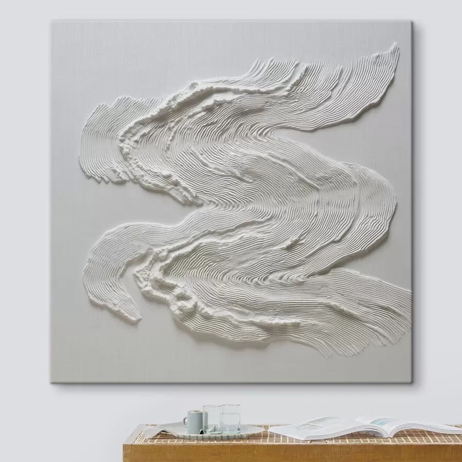  Schilderijen Een ruimtelijke, golvende abstractie met een expressieve lineaire textuur in monochroom wit s50007