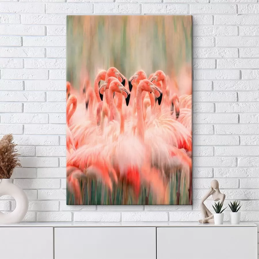  Schilderijen Een zwerm roze flamingo’s met een artistiek vervagend effect in pastelkleuren s50008