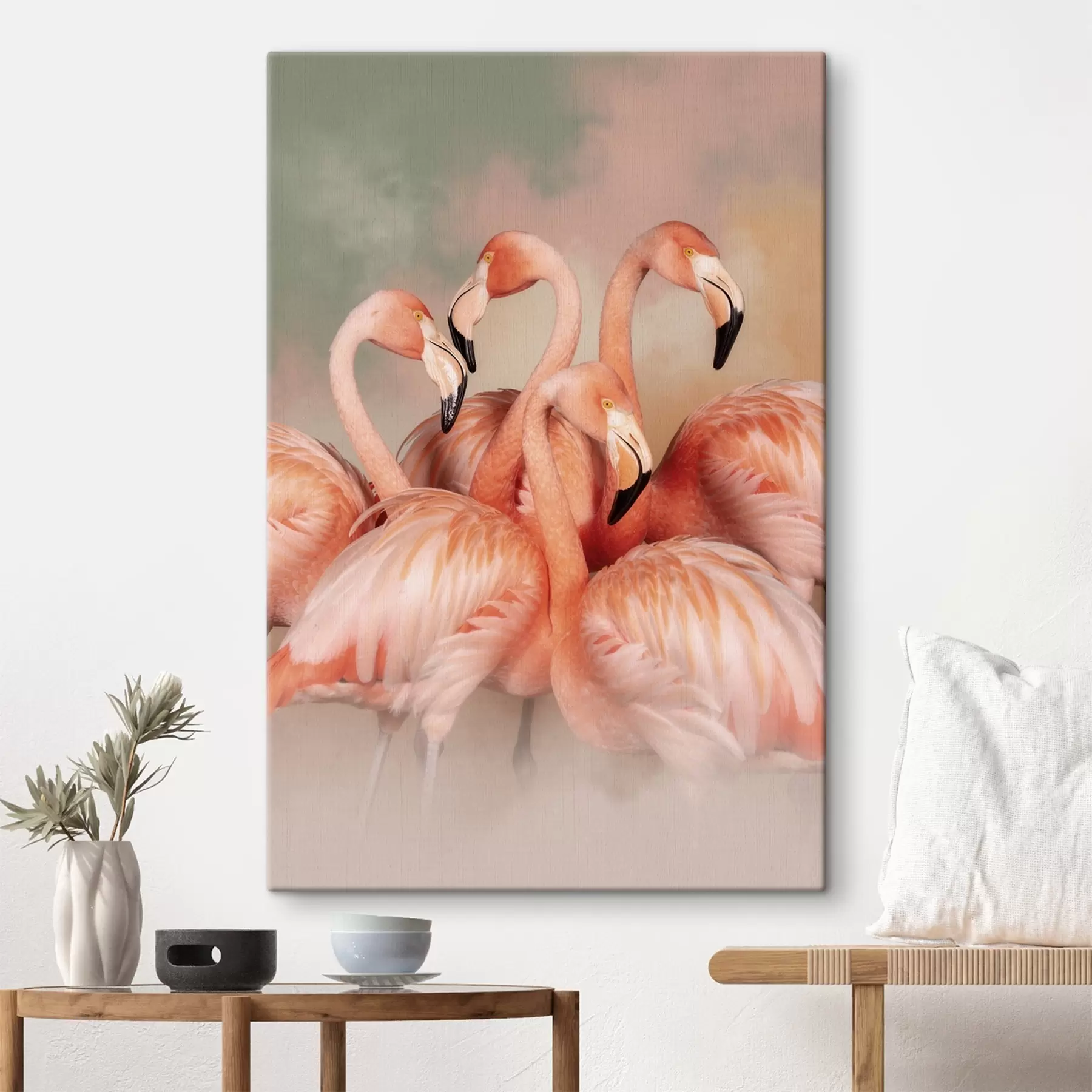  Schilderijen Roze flamingo’s in een waas van pasteltinten: een decoratieve compositie s50009