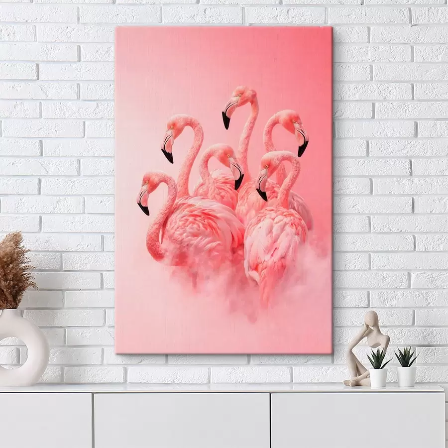  Schilderijen Roze flamingo’s in een lichte mist: een decoratief tafereel in zachte tinten s50010
