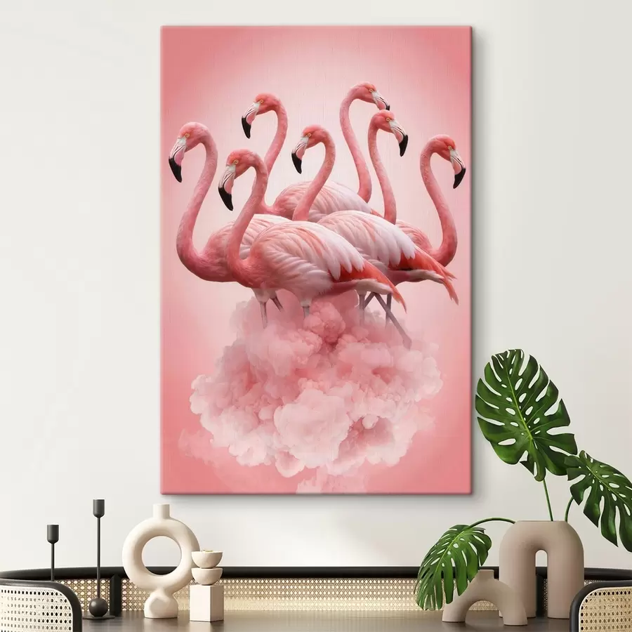  Schilderijen Een compositie van sierlijke flamingo’s boven een roze wolk in pastelkleuren s50011