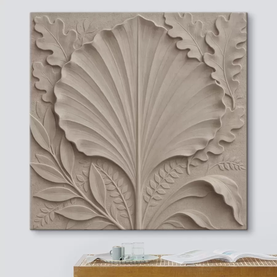  Schilderijen Een botanisch motief met decoratieve bladeren in een beige en zandkleurig kleurenpalet s50012