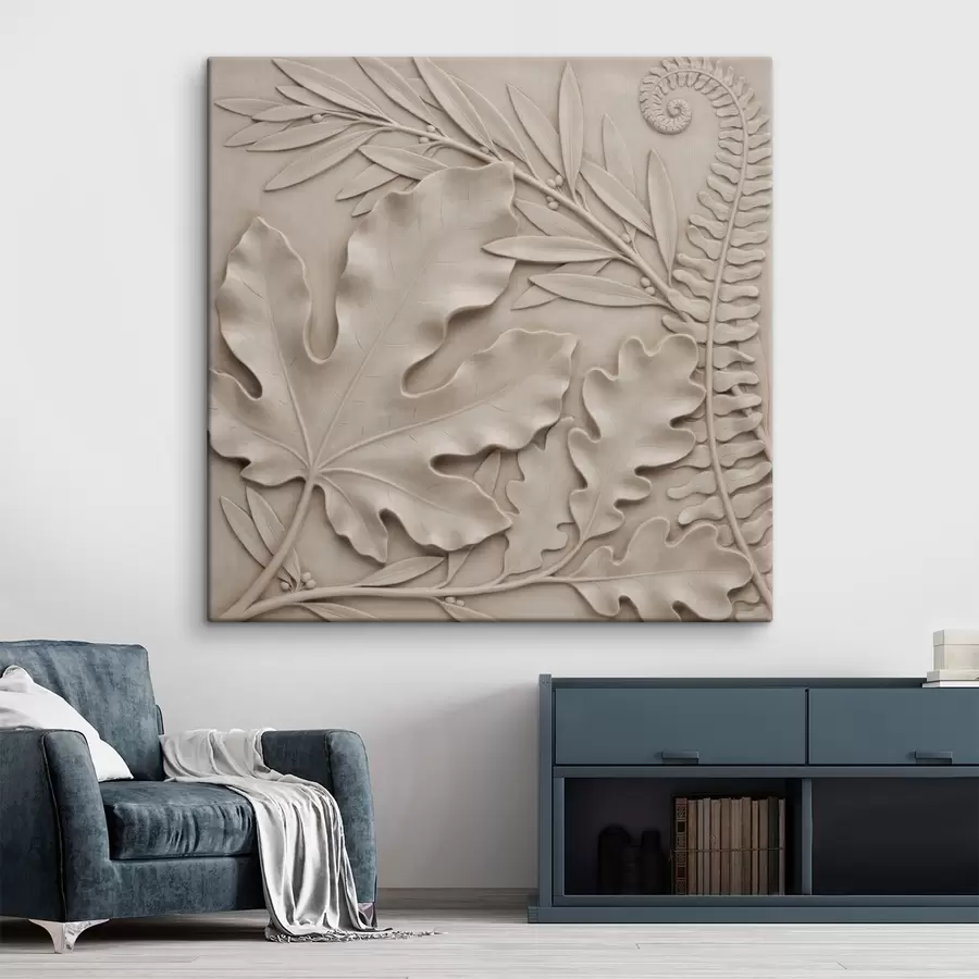  Schilderijen Een ruimtelijke botanische compositie met bladeren en takken met reliëf, uitgevoerd in bas-reliëfstijl s50013