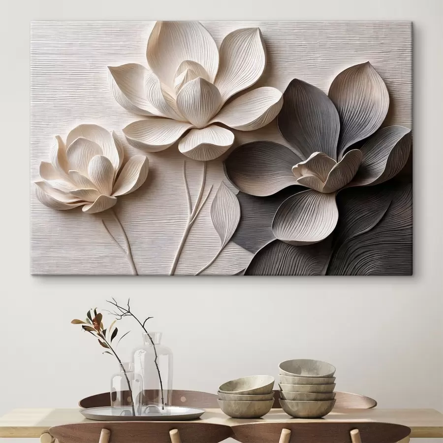  Schilderijen Decoratieve bloemen in reliëf in lichte crèmekleurige en grafietkleurige tinten s50014