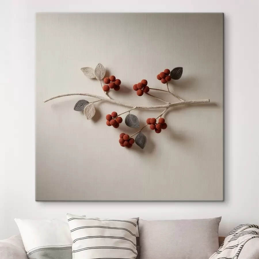  Schilderijen Een decoratieve tak met bessen en bladeren met reliëf, uitgevoerd in een hedendaagse kunststijl s50016