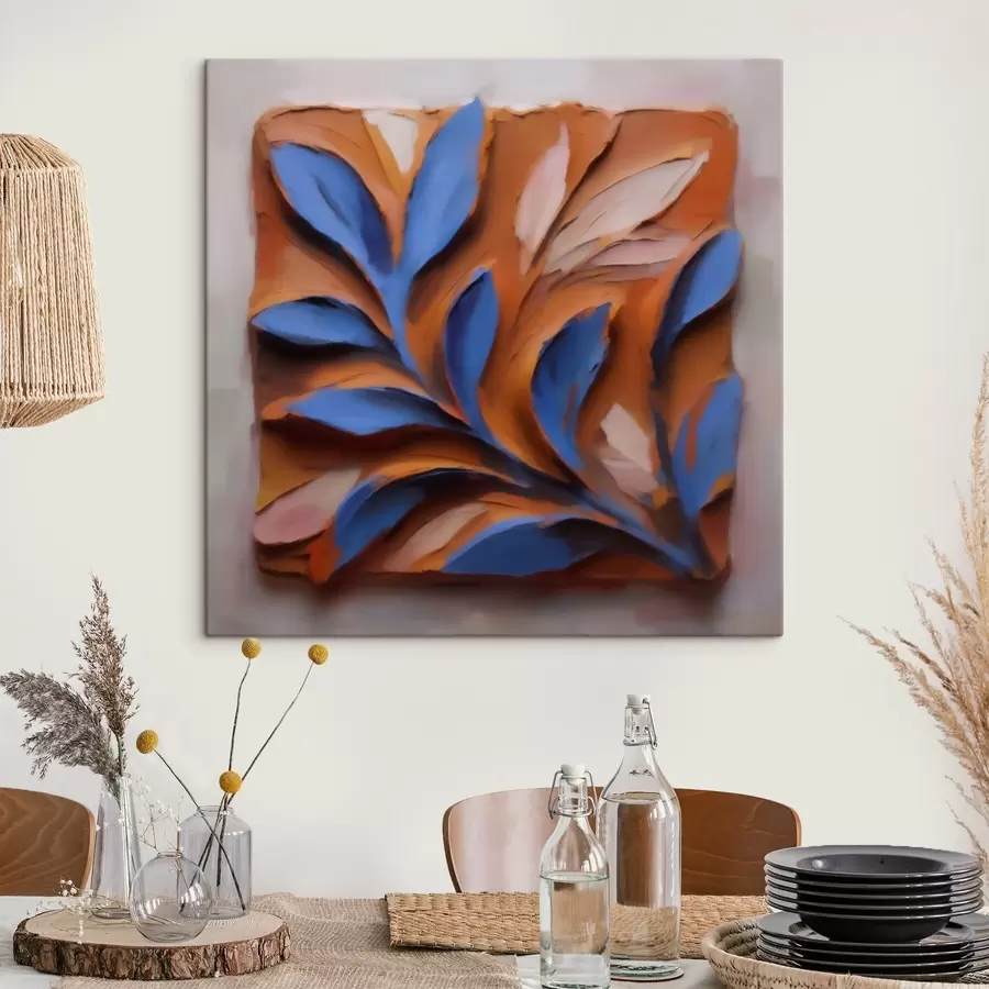  Schilderijen Een ruimtelijke botanische compositie met blauwe bladeren op een terracotta achtergrond, uitgevoerd in de impasto-techniek s50018