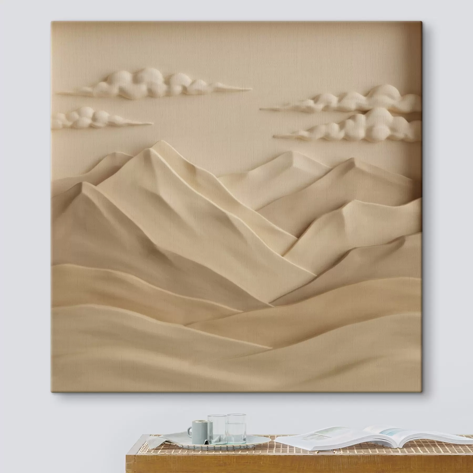  Schilderijen Een minimalistisch landschap met driedimensionale bergen en wolken in een eigentijdse reliëfstijl s50019
