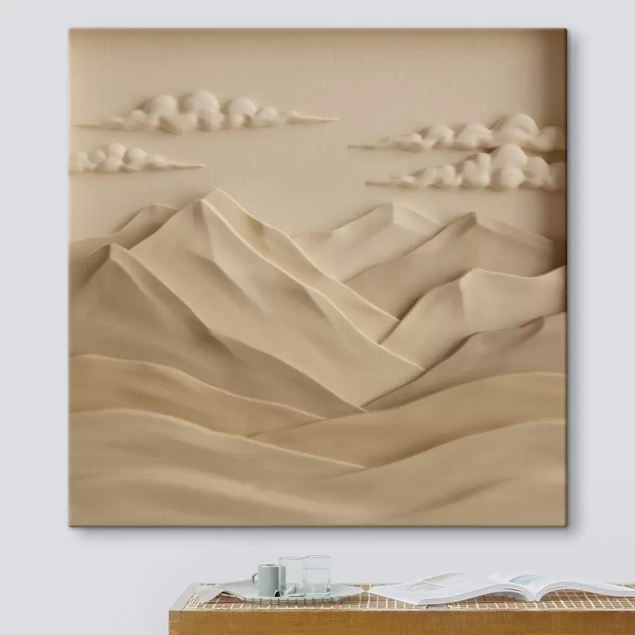  Schilderijen Een minimalistisch landschap met driedimensionale bergen en wolken in een eigentijdse reliëfstijl s50019