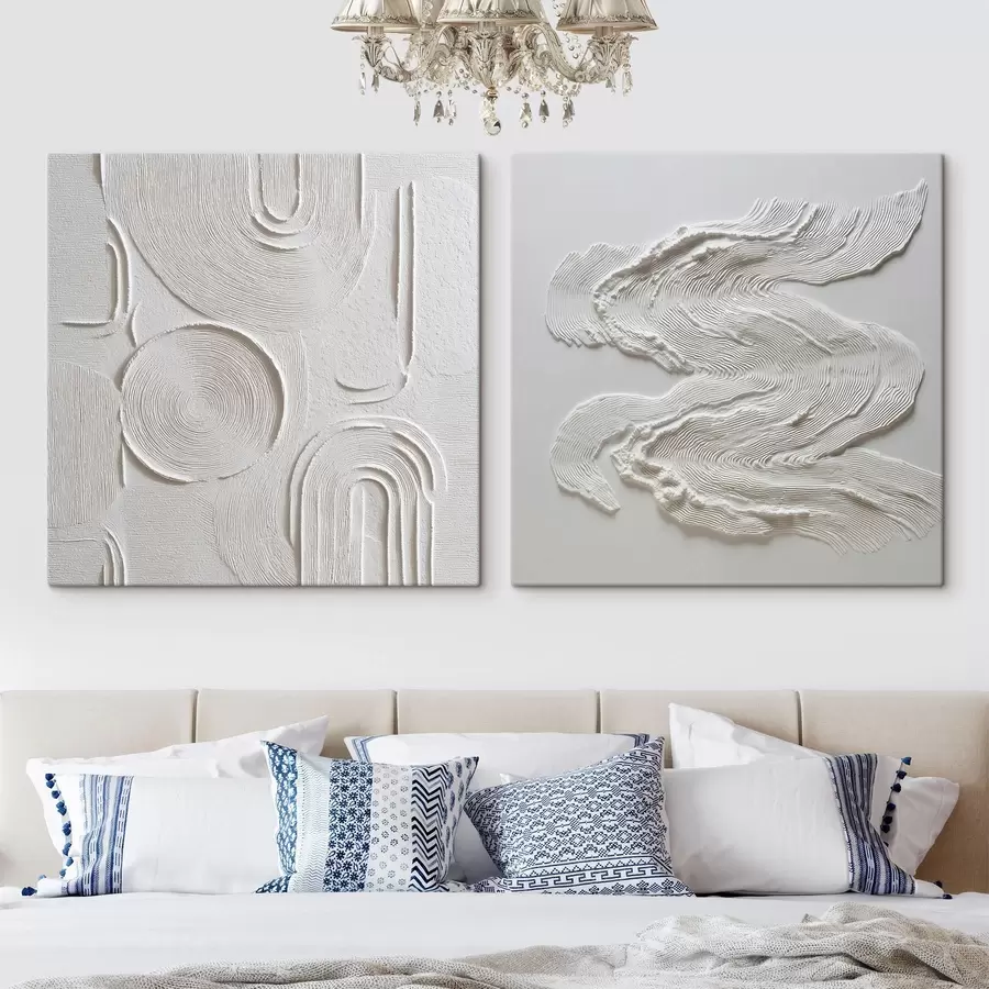 Schilderijen Een decoratieve compositie met bogen, cirkels en dynamische golven in lichte tinten m30761