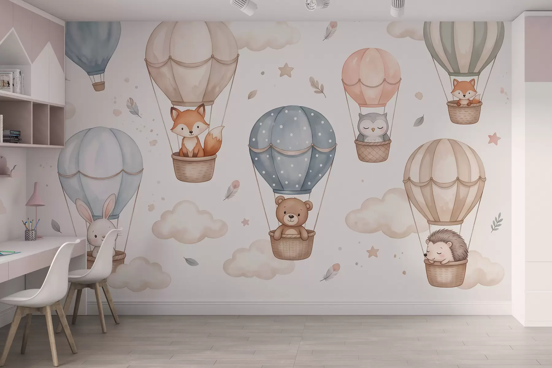 Fotobehang Bosdieren in heteluchtballonnen, in aquarelstijl, met een pastelkleurig palet w10001