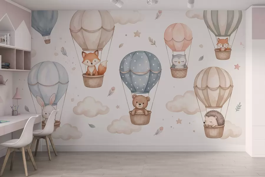 Fotobehang Bosdieren in heteluchtballonnen, in aquarelstijl, met een pastelkleurig palet w10001