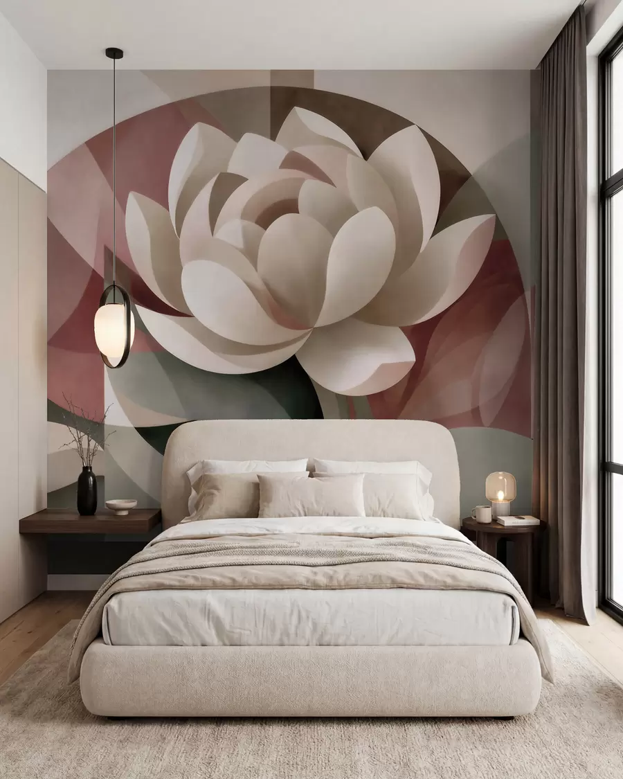 Fotobehang Grote abstracte bloem, uitgevoerd in een gefacetteerde geometrische techniek, in een ingetogen poeder-smaragdgroen kleurenpalet w10035