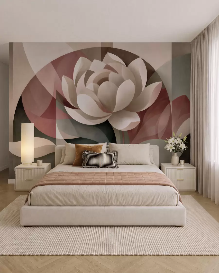 Fotobehang Grote abstracte bloem, uitgevoerd in een gefacetteerde geometrische techniek, in een ingetogen poeder-smaragdgroen kleurenpalet w10035