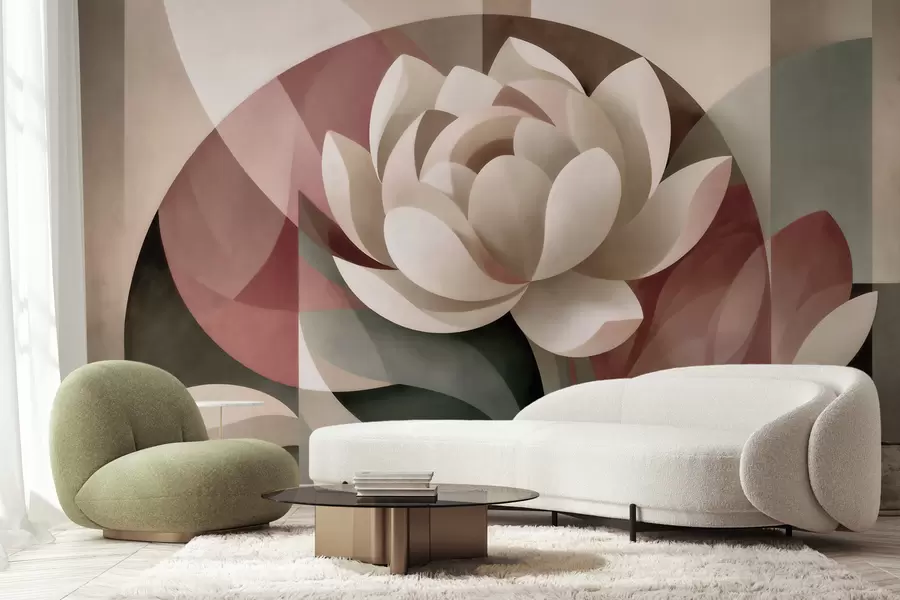 Fotobehang Grote abstracte bloem, uitgevoerd in een gefacetteerde geometrische techniek, in een ingetogen poeder-smaragdgroen kleurenpalet w10035