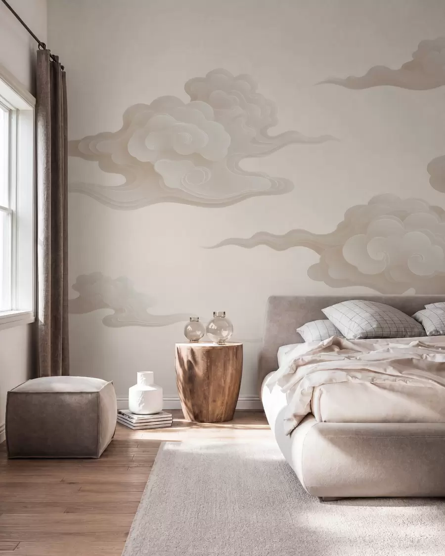 Fotobehang Minimalistische oosterse wolken in beige-crèmekleurige tinten w10036