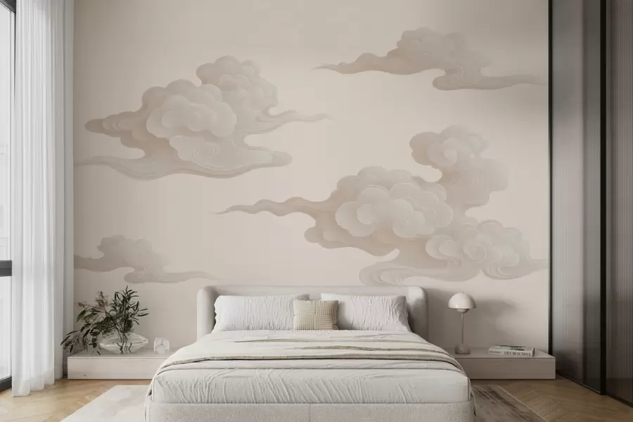 Fotobehang Minimalistische oosterse wolken in beige-crèmekleurige tinten w10036