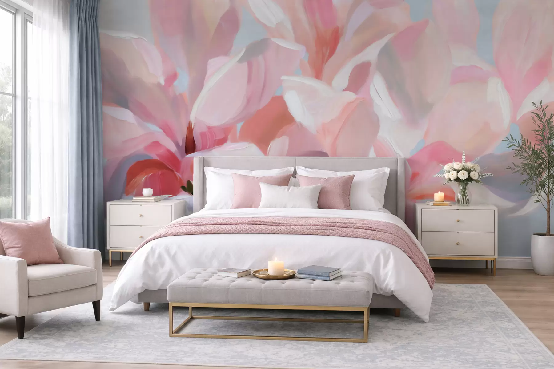 Fotobehang Close-up van een roze magnolia, in de stijl van een zachte, schilderachtige techniek w10043