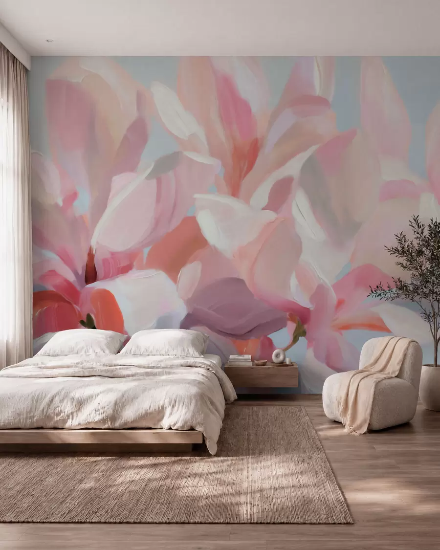 Fotobehang Close-up van een roze magnolia, in de stijl van een zachte, schilderachtige techniek w10043