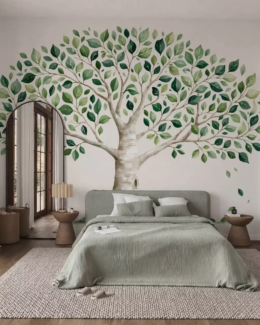 Fotobehang Boom met groen gebladerte, in aquarelstijl, minimalistisch w10046
