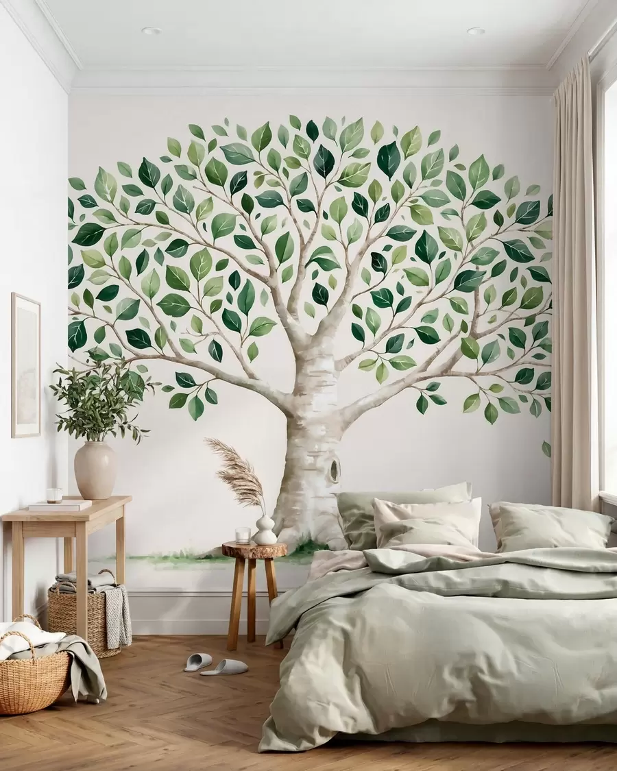 Fotobehang Boom met groen gebladerte, in aquarelstijl, minimalistisch w10046