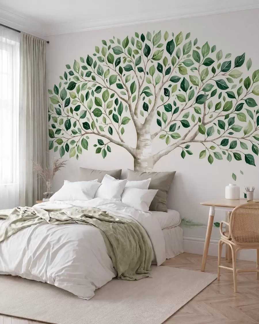 Fotobehang Boom met groen gebladerte, in aquarelstijl, minimalistisch w10046