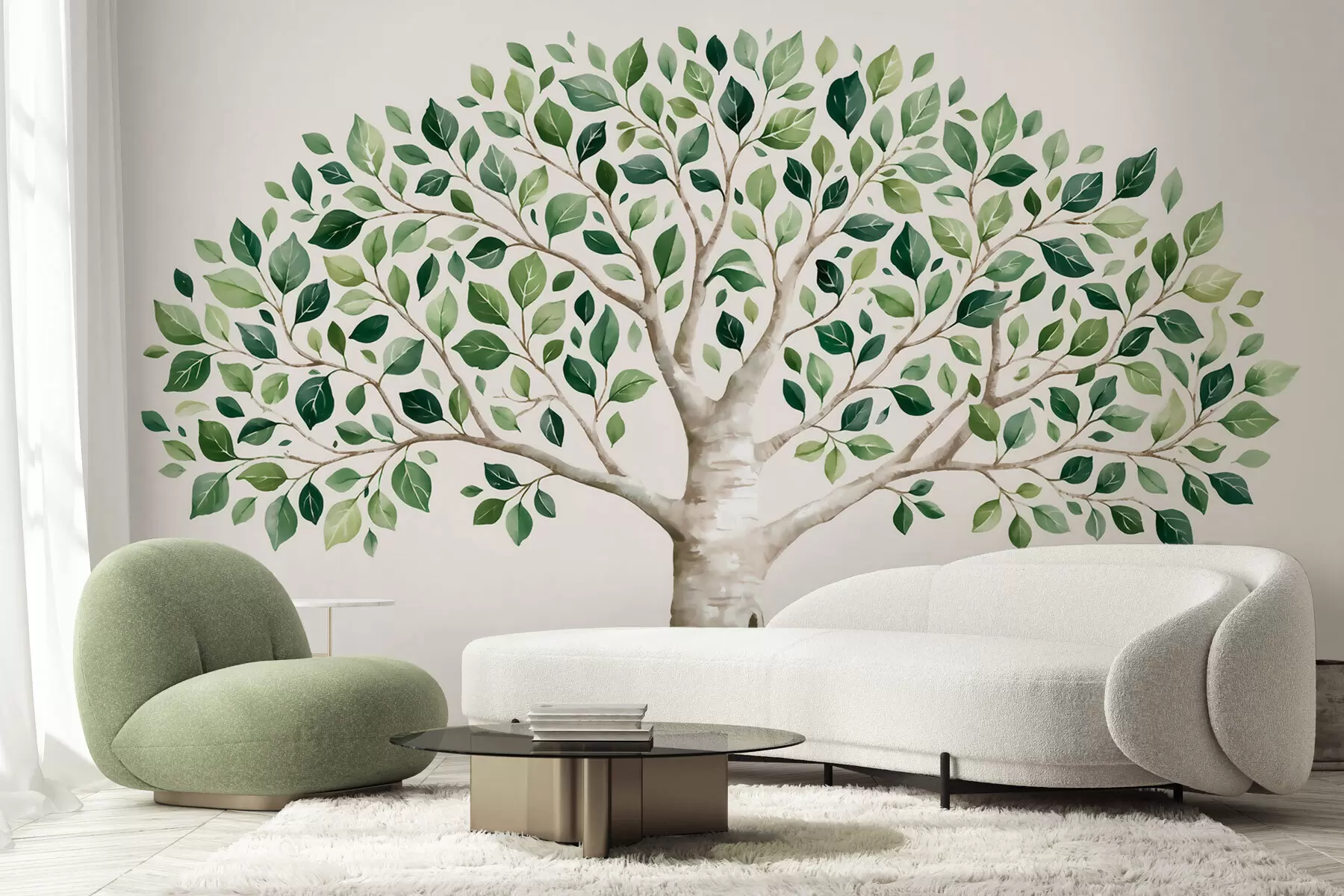 Fotobehang Boom met groen gebladerte, in aquarelstijl, minimalistisch w10046