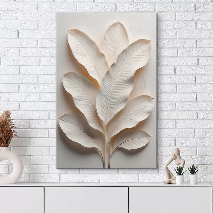 Fotobehang Een eigentijdse interieurcompositie met bladeren in reliëf met textuur, uitgevoerd in een licht, neutraal kleurenpalet s50017