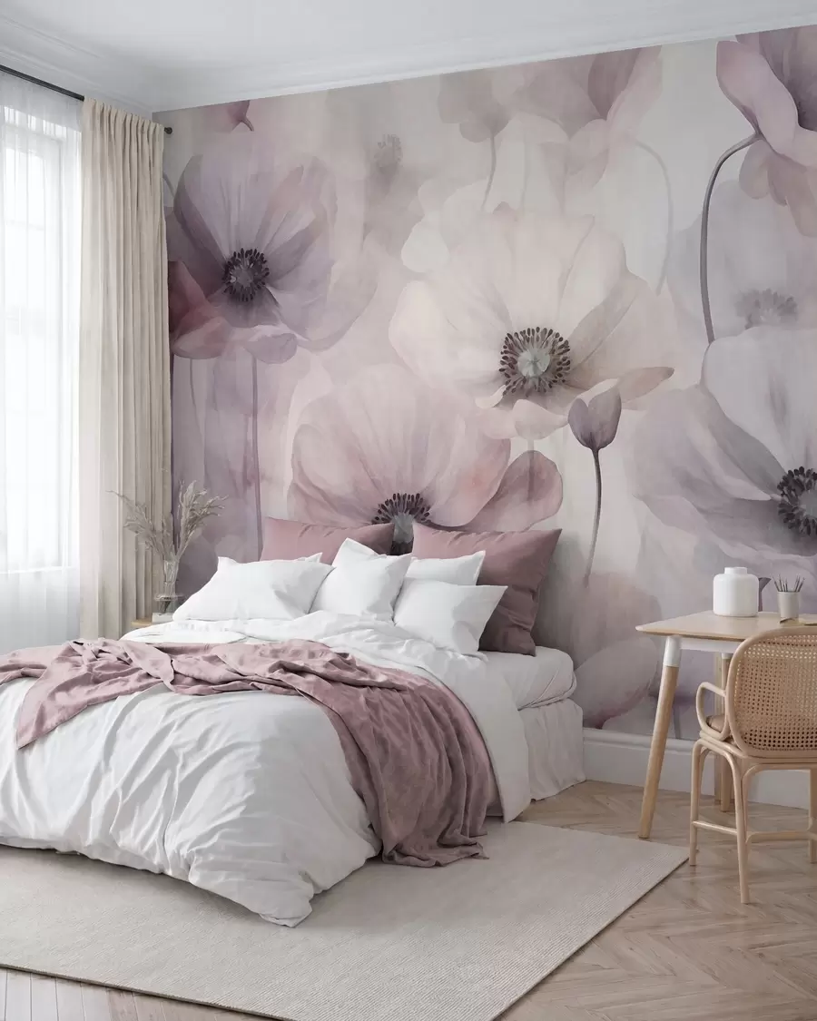 Fotobehang Lichtroze en witte klaprozen met delicate bloemblaadjes w10029v1