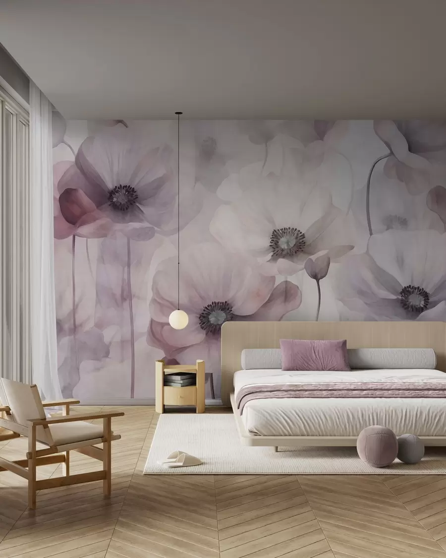 Fotobehang Lichtroze en witte klaprozen met delicate bloemblaadjes w10029v1