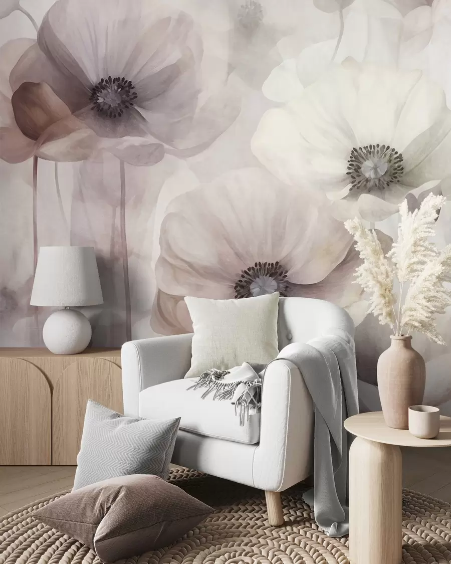 Fotobehang Lichtroze en beige klaprozen met fijne bloemblaadjes w10029