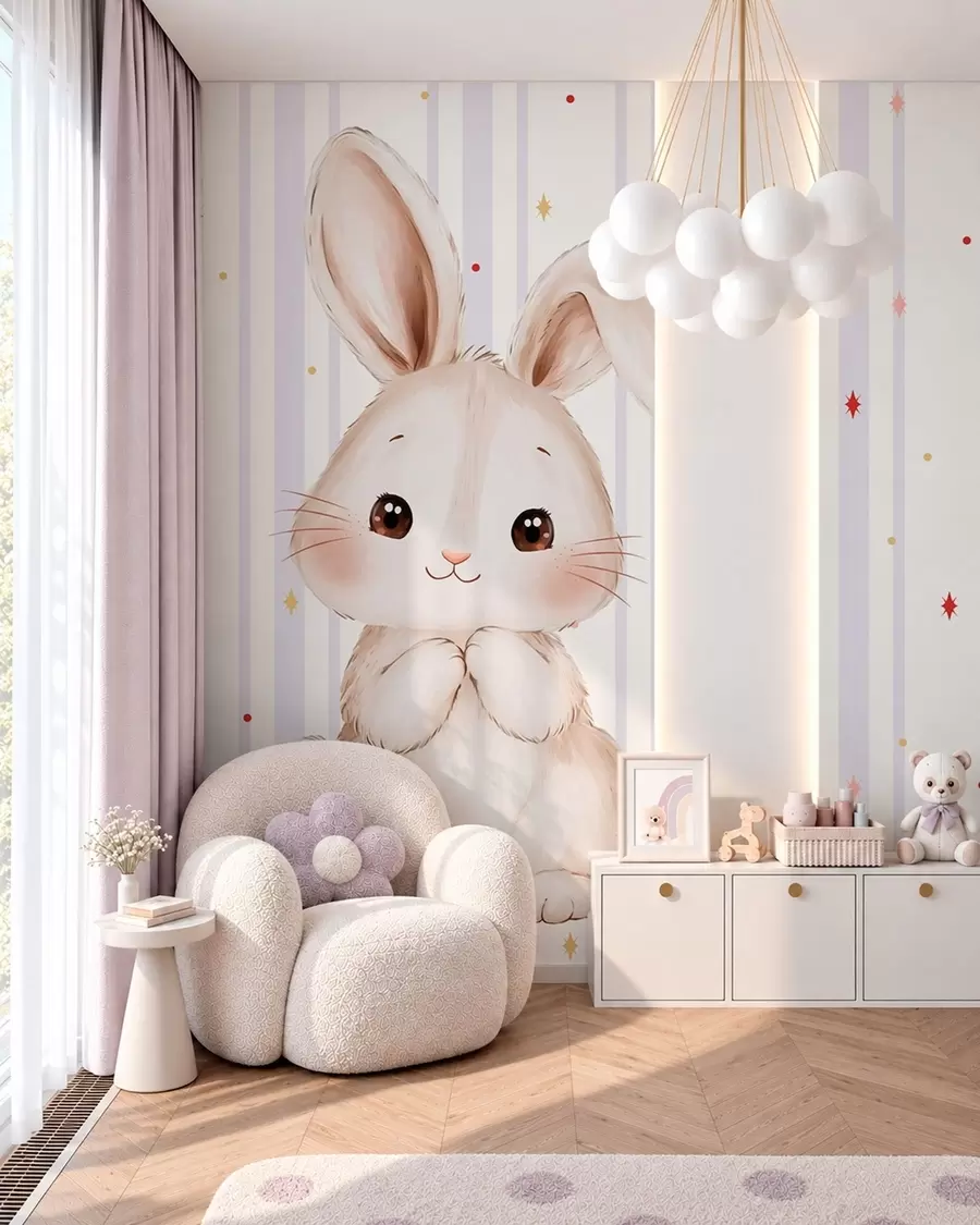 Fotobehang Schattig konijntje tegen een achtergrond van lila strepen en heldere sterren w05920v1