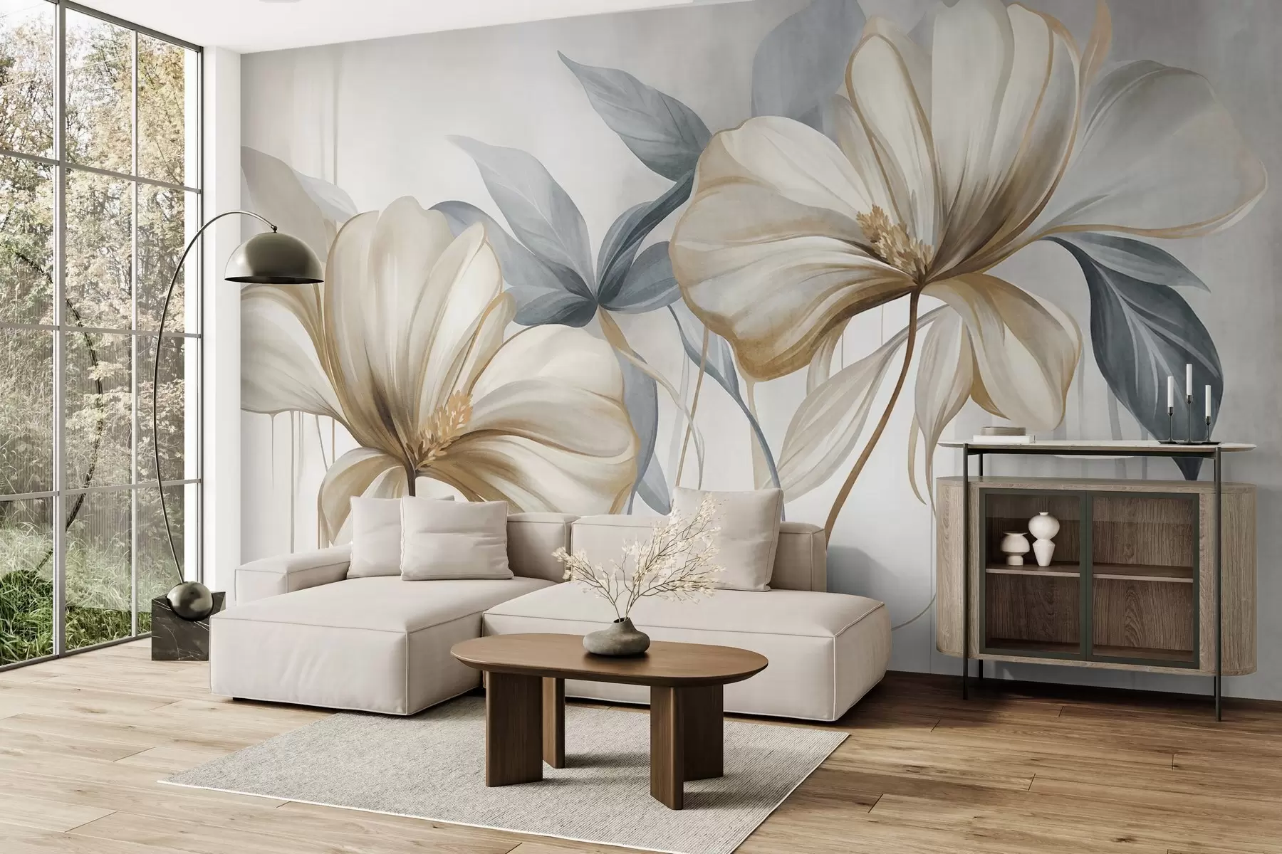 Fotobehang Abstracte, delicate bloemen met dunne, bruine stengels en bladeren in gedempte blauwtinten, met een gestructureerd uiterlijk w10058