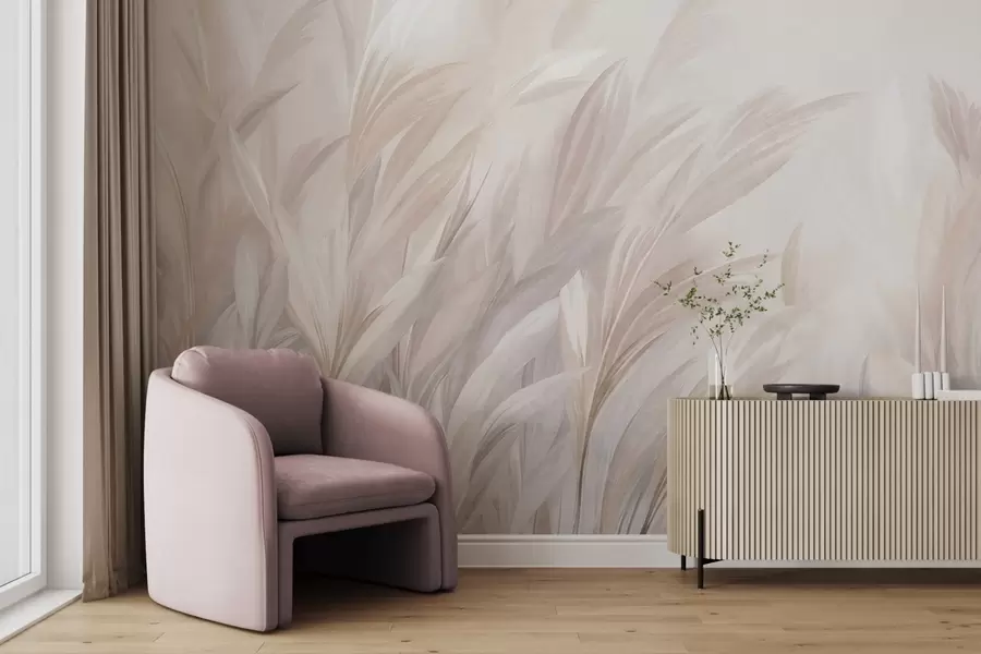 Fotobehang Hoog, pluizig gras in zachte pastelkleuren, tegen een licht gestructureerde achtergrond w10060