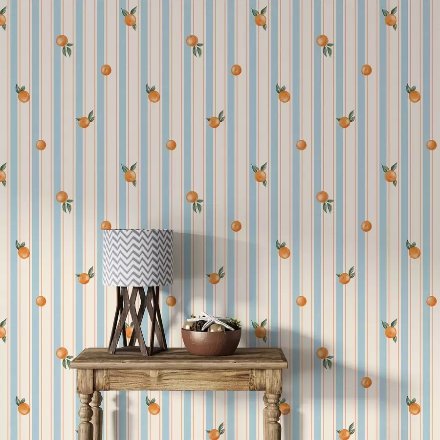 Fotobehang Oranje vruchten op lichtblauwe en crèmekleurige strepen a01263v1
