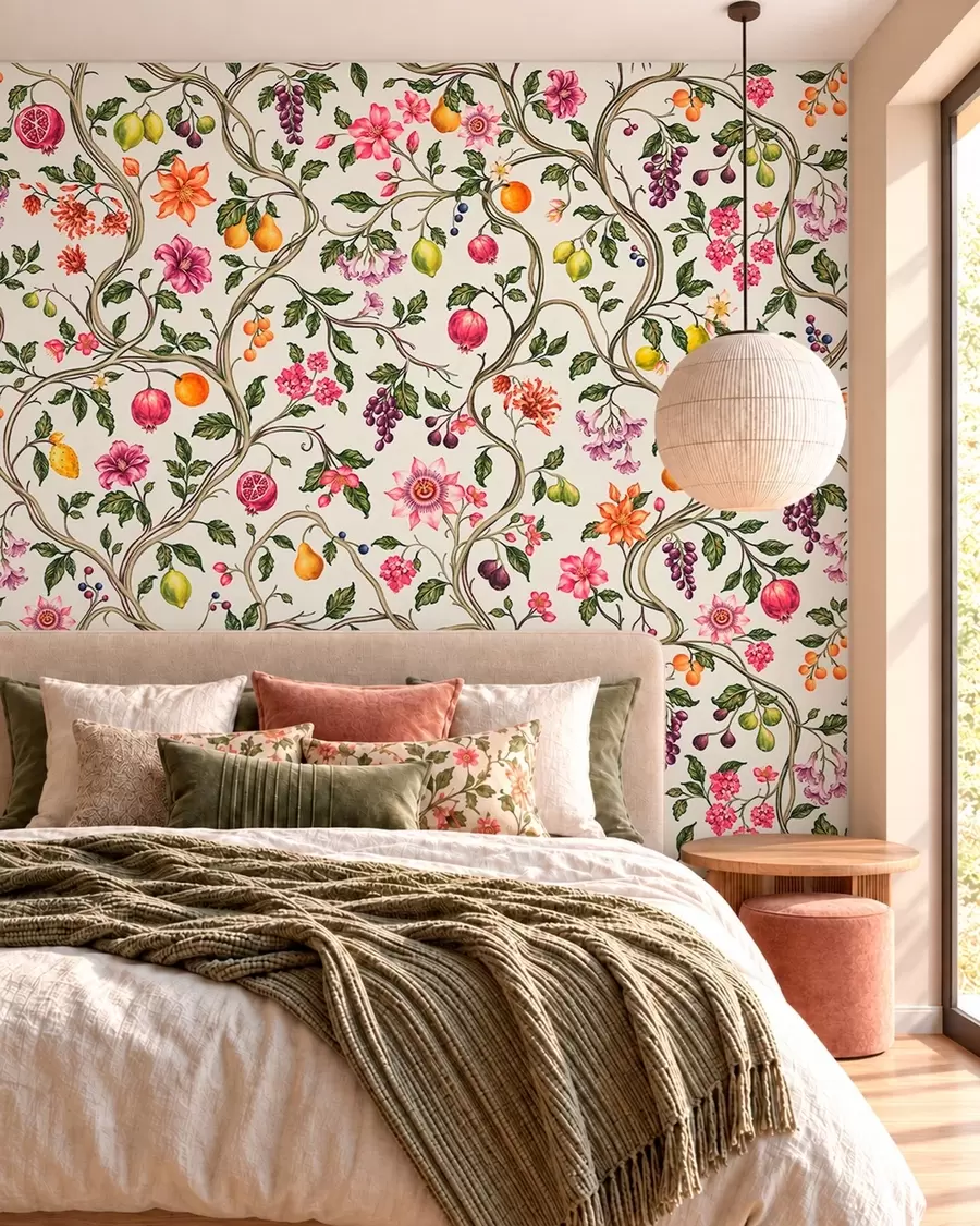 Fotobehang Verstrengelde takken met bloemen, vruchten en groene bladeren w05862