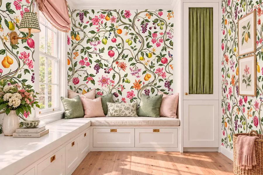 Fotobehang Verstrengelde takken met bloemen, vruchten en groene bladeren w05862