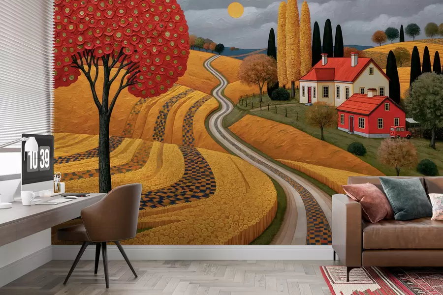 Fotobehang Een imitatie van een schilderachtig Toscaans landschap in olieverfstreken, met een rode boom, een kronkelende weg en een boerderij w10049