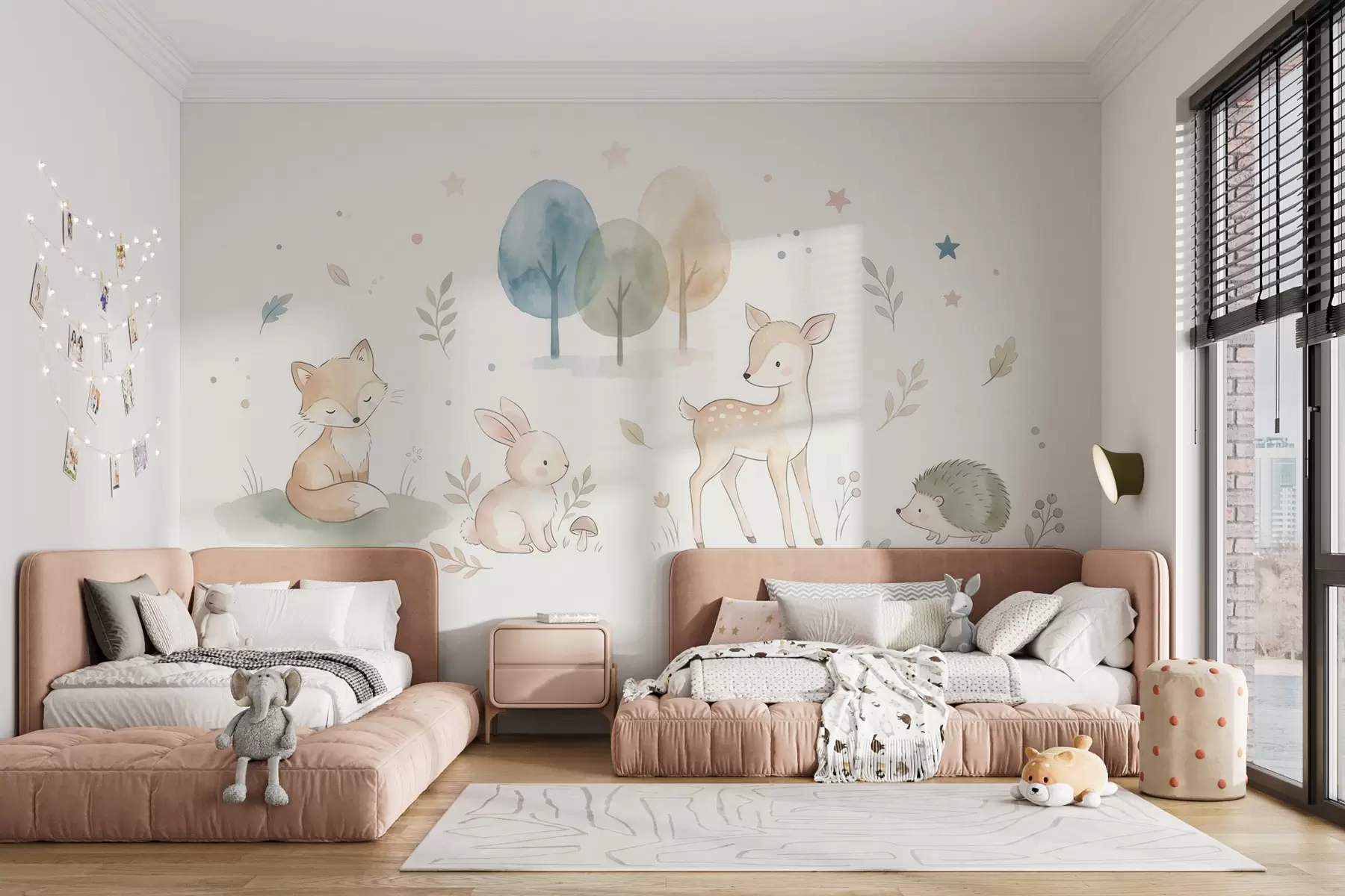 Fotobehang Bosdieren: vos, konijn, reekalfje, egel  in aquarelstijl w10068