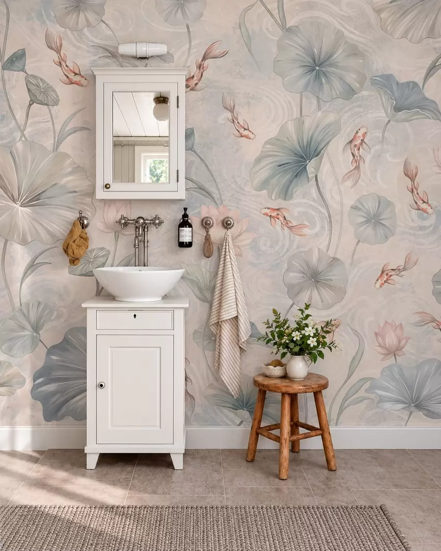 Fotobehang Koi-vissen tussen bladeren en roze bloemen op een lichte achtergrond w05807